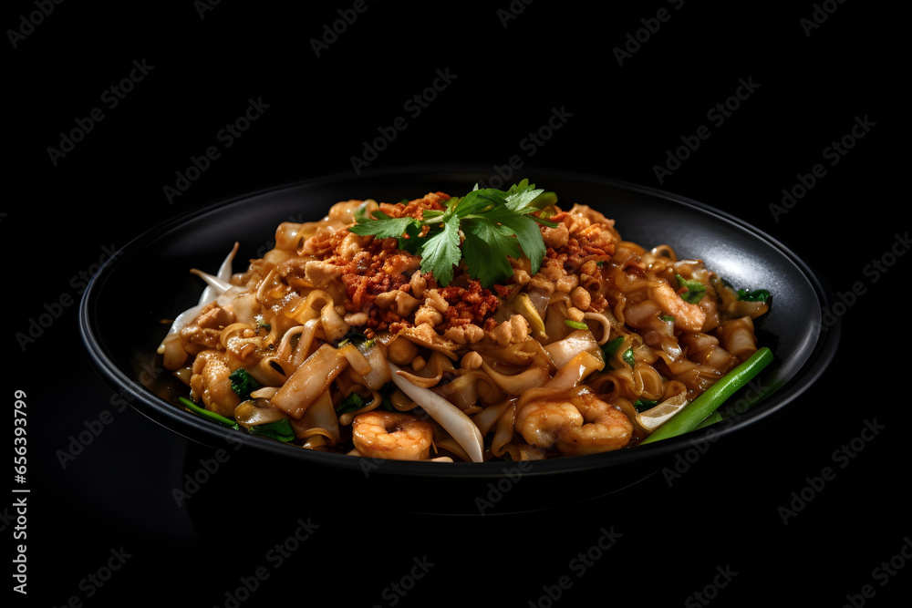 Char kway teow with basil on black background, food photography
