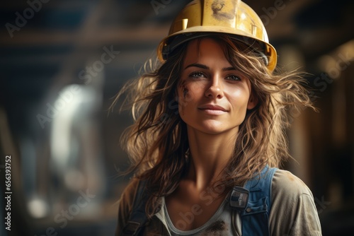 Hardworking Caucasian female builder wearing a hard hat at a construction site. Women in different professions © VIK