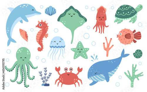 Vector set of sea animals in green, blue and red colors. Marine life cliparts.