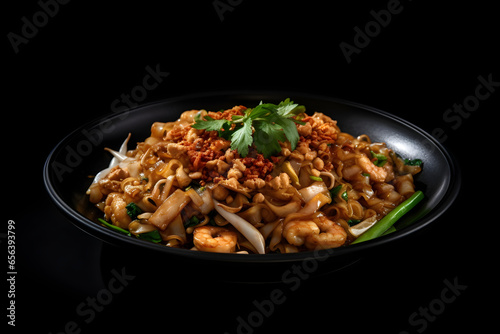 Char kway teow with basil on black background, food photography