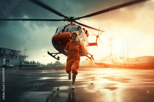 Helicopter emergency medical service. Paramedic running to helicopter on heliport. Themes rescue, help and hope. © arhendrix
