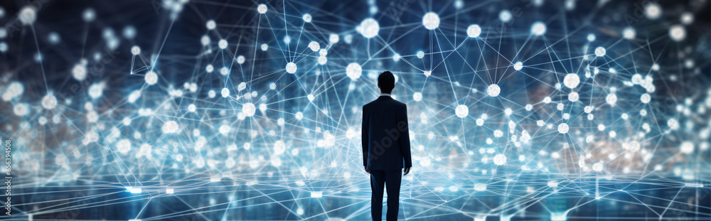 Businessman Touching Blue Field of Connected Symbols with copy space, empty space Businessman Touching Blue Field of Connected Symbols with copy space, empty space