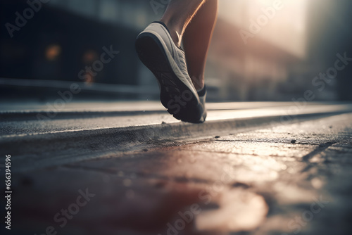 Close up athlete feet running on city road. Sport active lifestyle, fitness workout, wellness concept