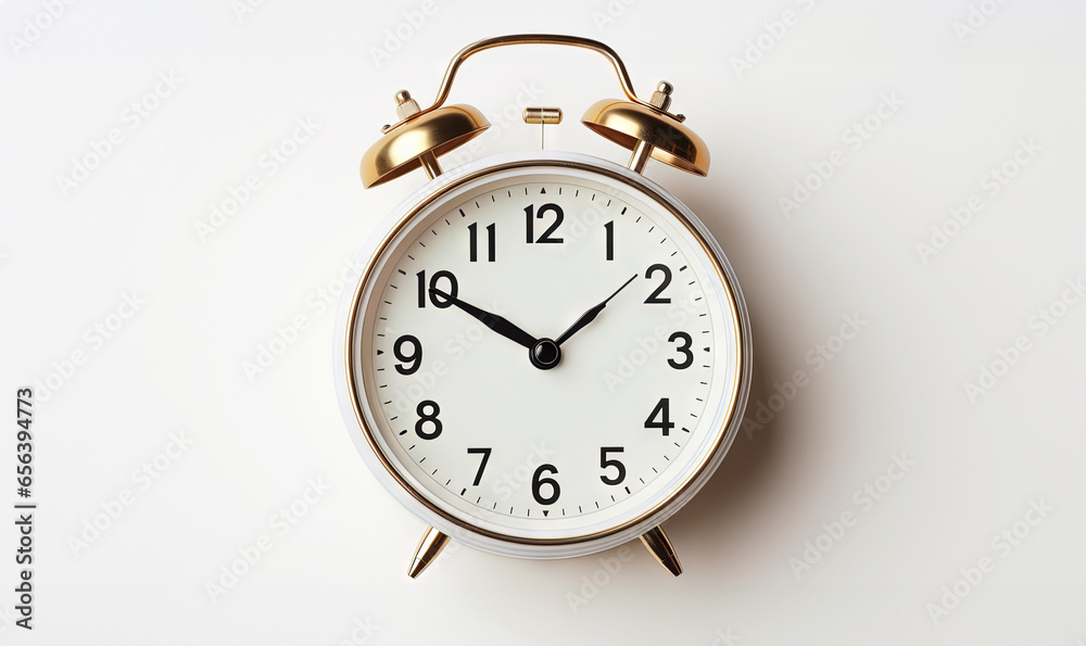 Retro alarm clock on white uniform background. Time to work or get up concept. Generative AI Retro alarm clock on white uniform background. Time to work or get up concept. Generative AI