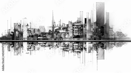 black and white sketch city with reflection drawing in watercolor pencil. © kichigin19