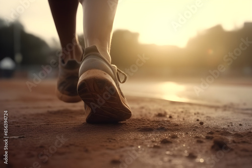 Close up athlete feet running on city road. Sport active lifestyle, fitness workout, wellness concept