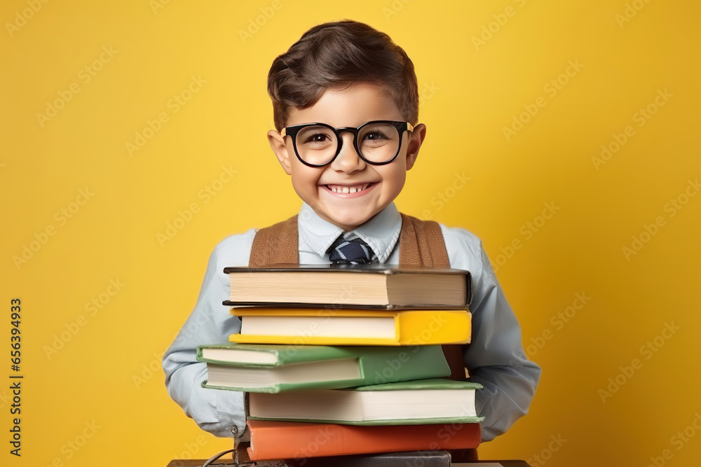 funny smiling child school girl with glasses hold books. Yellow background, Back to school funny smiling child school girl with glasses hold books. Yellow background, Back to school