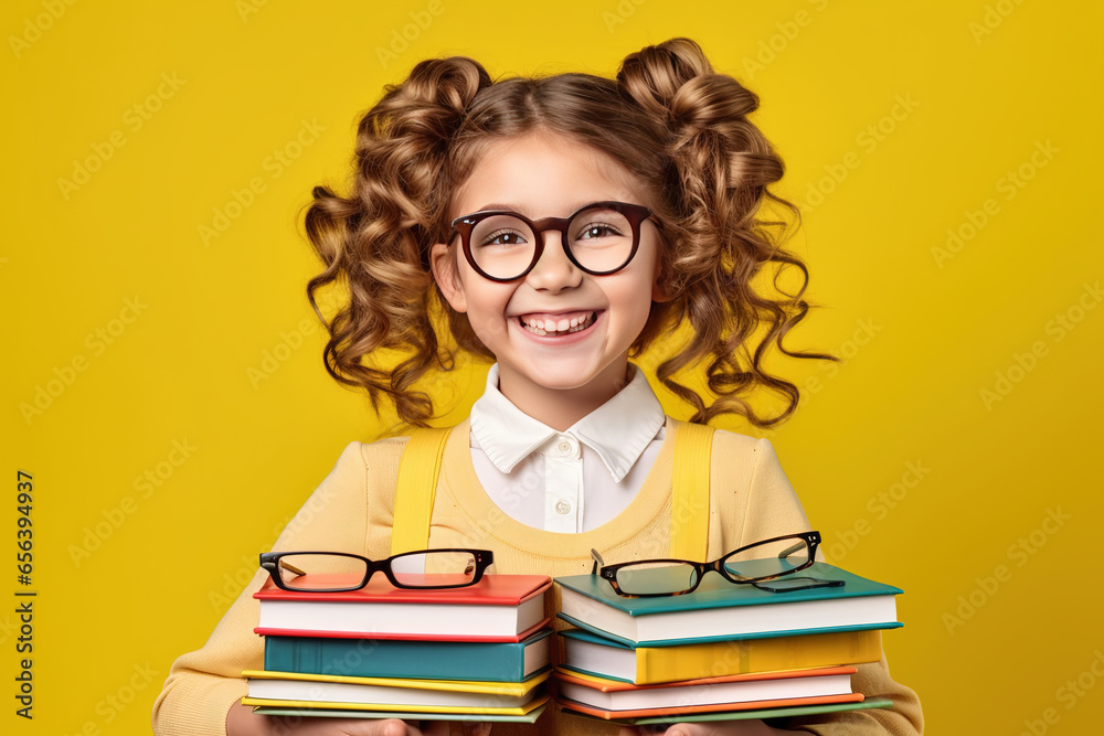 funny smiling child school girl with glasses hold books. Yellow background, Back to school funny smiling child school girl with glasses hold books. Yellow background, Back to school