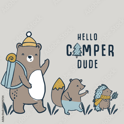 Cute camper and fisher bear hedgehog tree bear family winter animals tee design for kids market as vector