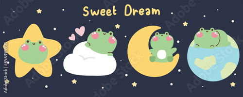 Set of cute frog in various poses in night sky concept.Reptile animal character cartoon design.Sweet dream.Star,cloud,moon,the earth hand drawn.Kawaii.Vector.Illustration