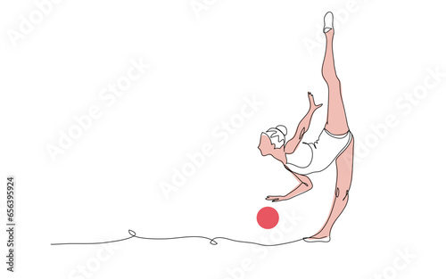 Rhythmic gymnastics. Woman with ball. One continuous line art drawing of rhythmic gymnastics