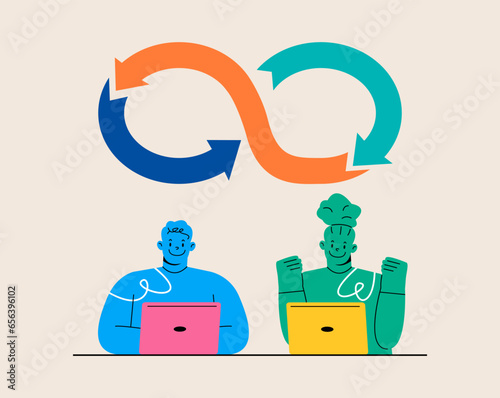 Developer team on a daily meeting. Devops software development methodology concept. Colorful vector illustration