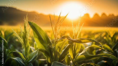 Sunrise over a cornfield at dawn photo