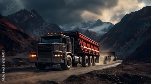 Fotografie, Obraz Mine backdrop with coal hauling truck, clear sky