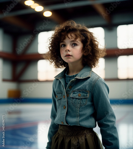 A little girl figure skater trains on a sports rink. Generative AI.