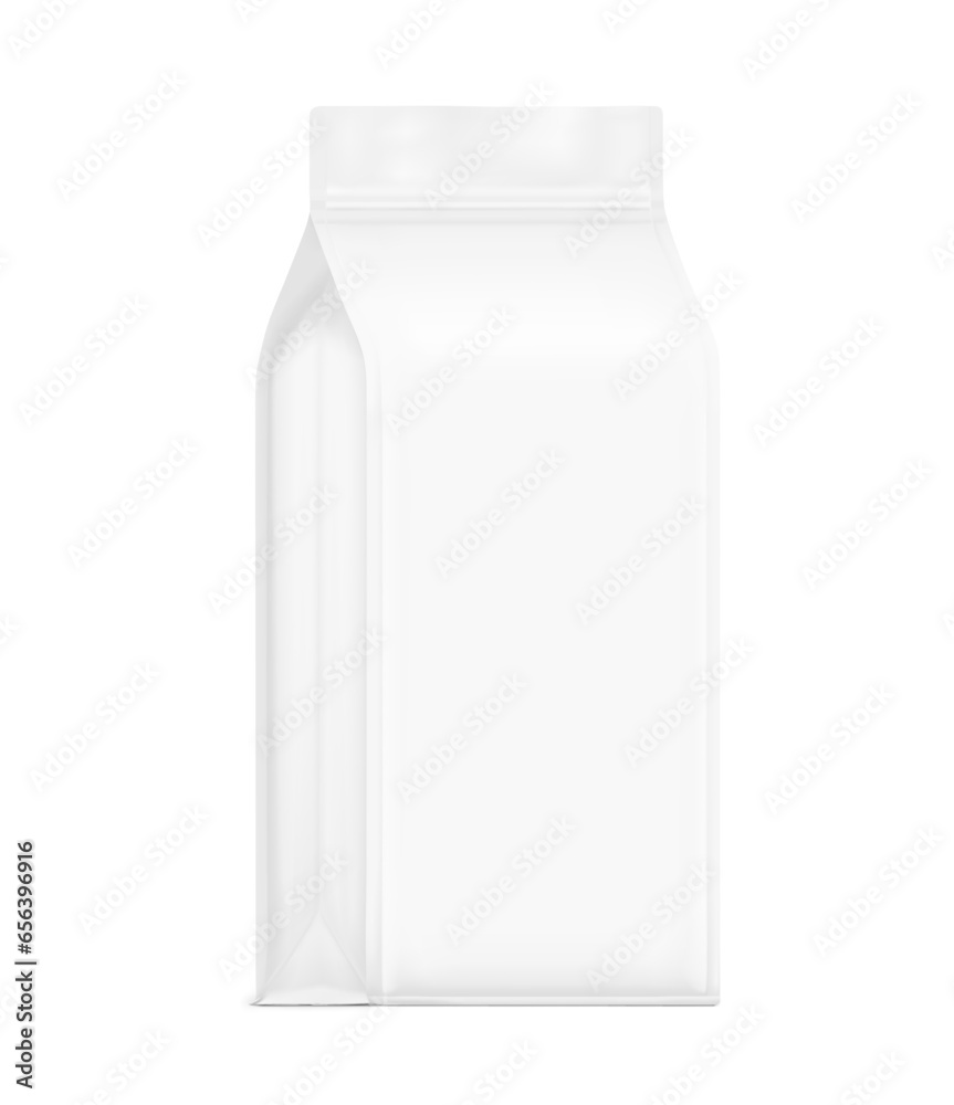 High realistic clean stand up pouch bag mockup. Vector illustration isolated on white background. Half side view. Can be use for template your design, presentation, promo, ad. EPS10. High realistic clean stand up pouch bag mockup. Vector illustration isolated on white background. Half side view. Can be use for template your design, presentation, promo, ad. EPS10.