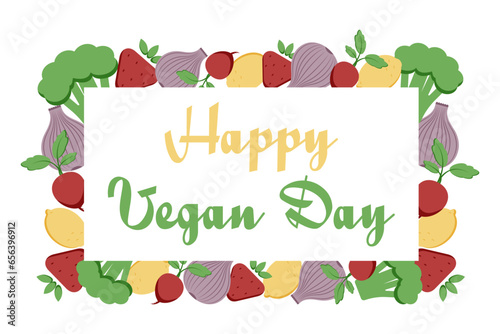 World vegan day vector illustration. Suitable for greeting card  poster and banner. strawberry  onion  broccoli  radish  lemon. flat style. Green  eco
