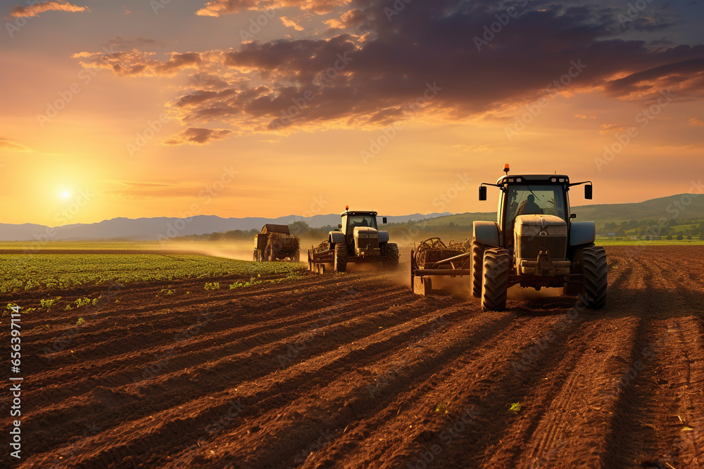 Agricultural workers with tractors. Ploughing a field with tractor at sunset Agricultural workers with tractors. Ploughing a field with tractor at sunset