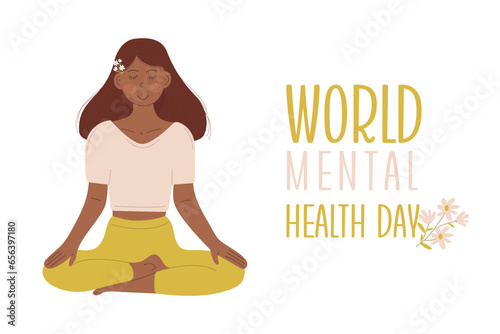 World Mental Health Day. Mentally healthy girl vector poster, banner, flyer