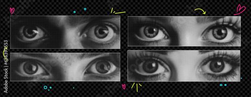 Set of vector female eyes as if png elements cut out of a magazine. Vibrant acid trend colors on transparent background. Emotional eye for collage. Vector illustration.