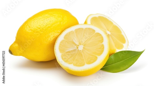 isolated lemon fruit. whole lemon. half a lemon, sliced. white background. clipping path