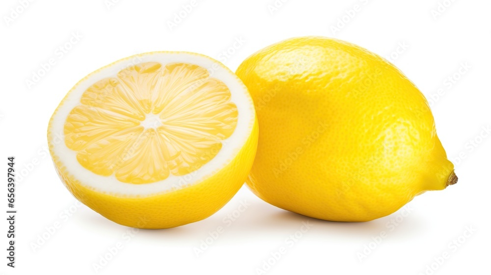isolated lemon fruit. whole lemon. half a lemon, sliced. white background. clipping path