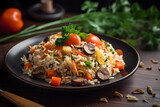 Fried rice with meat and vegetables in a plate on a black background, food photography, product presentation, product display, banner background