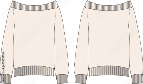 off the soulder boat neck long sleeve ribbed slouchy Sweater Technical Drawing,Fashion Templates, Fashion Cad Drawing, Textile Flat Sketch