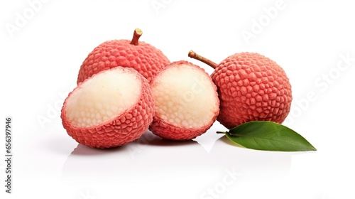 isolated lychee fruit. whole lychee fruit. half lychee, sliced. white background. clipping path