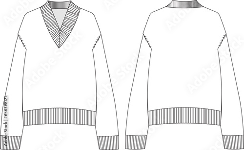 Oversized slouchyribbed v neck long sleeve sweater technical drawing, Template Flat Sketches, Fashion Technical Drawings, Sweater Technical Drawing,