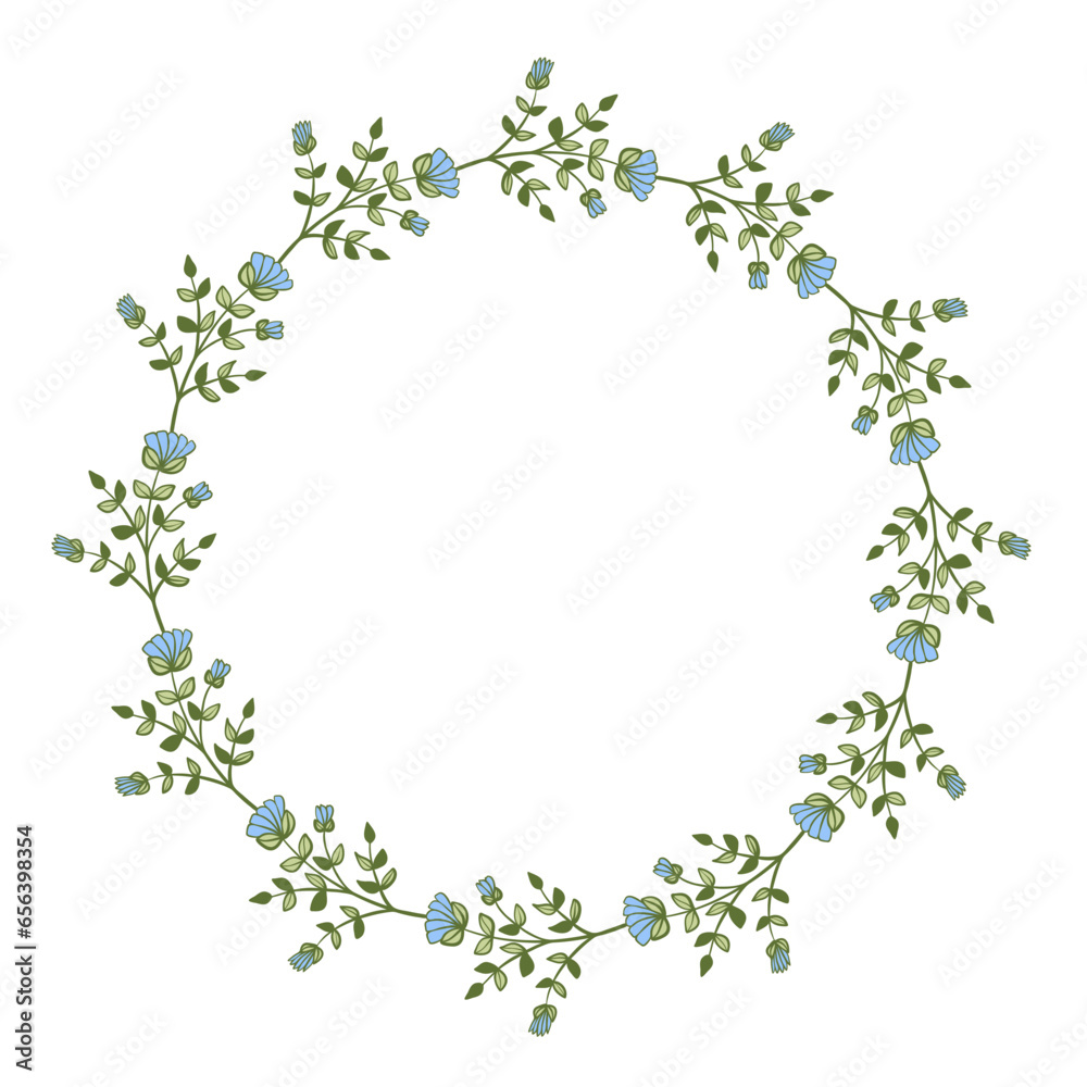 green leaf blue flower plant herb art drawn round frame green leaf blue flower plant herb art drawn round frame