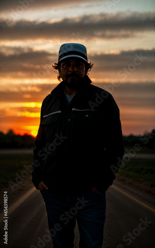 photo of truck driver with truck in background sunset scene generative AI © Flash