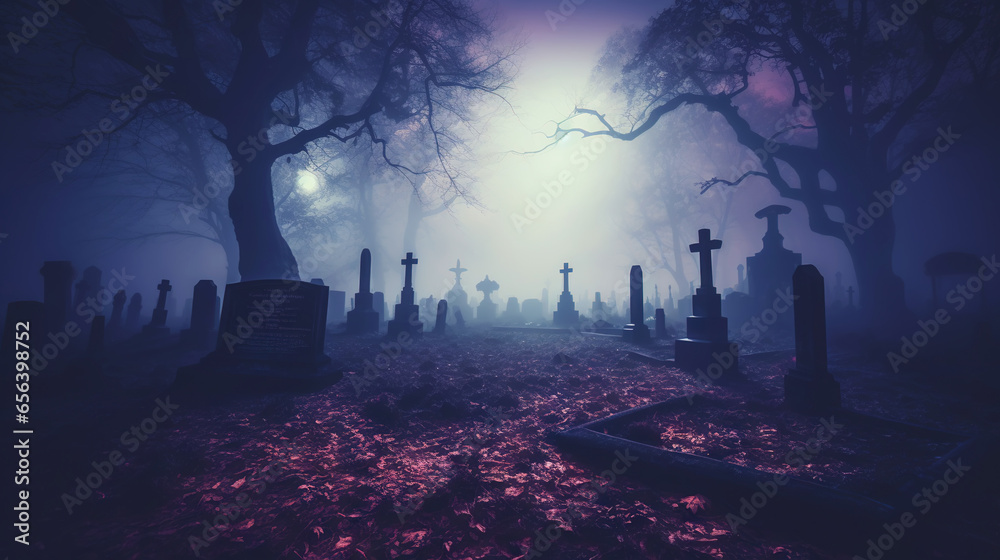 Cemetery covered with mist in the night with dark sky and moon. Halloween haunted cemetery concept.Generative AI