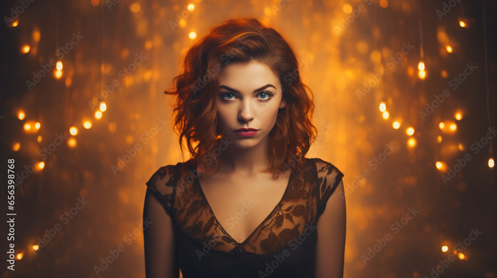 Beauty Serious Ginger Woman in Dress with Lights on Background Beauty Serious Ginger Woman in Dress with Lights on Background