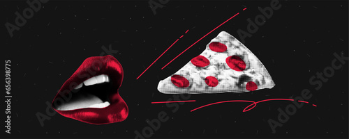 Grunge collage with a woman's mouth open and pizza flying into it. Noisy black background and trendy elements. Vector illustration.