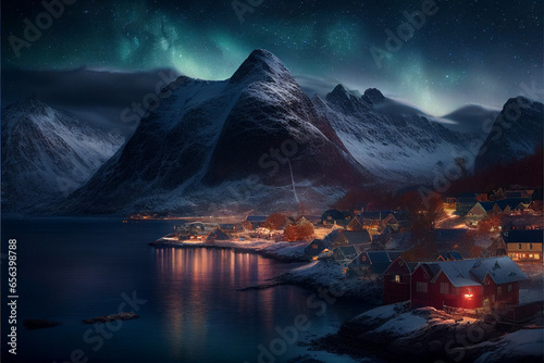 Northern lights over a village in norway. AI generated.