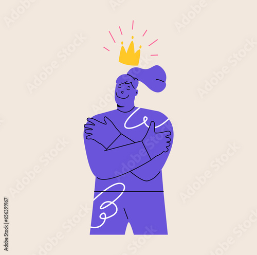 Egoist woman loves himself very much and hugs himself. Self-love and narcissism concept. Psychological problem. Colorful vector illustration