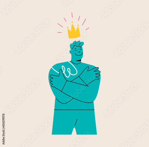 Egoist man loves himself very much and hugs himself. Self-love and narcissism concept. Psychological problem. Colorful vector illustration