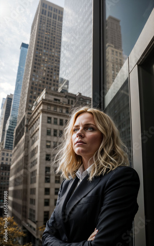 photo of serious office working woman with high rise building in background, generative AI