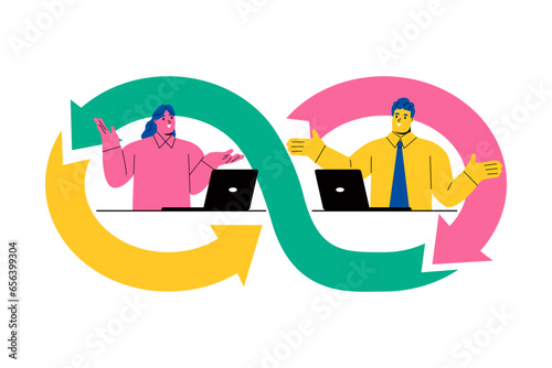 A team of devops engineers is working. Working cycle to operate and support, software management concept. Flat vector illustration isolated on white background