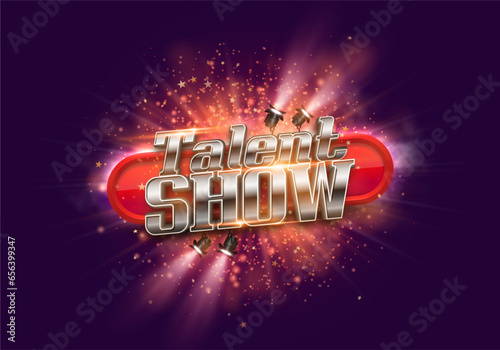 Bright Talent Show sign illuminated by spotlights. Vector illustration.