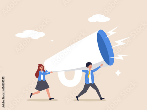 Loud voice or announcement concept. Marketing communication, announce promotion or communicate with employees, community or organization speech, business people PR public relation shout on megaphone.