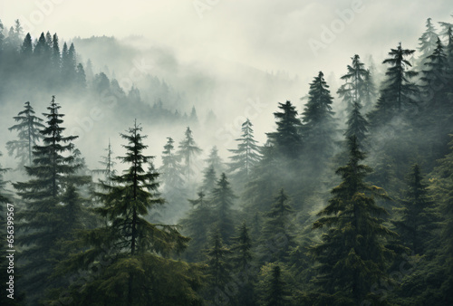 Foggy Pine Trees in Forest. landscape with mountains in Fog