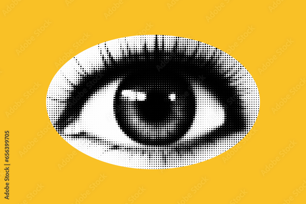 An eye cut out as if from a magazine. Isolated as png.. Vector halftone elements for collage on yellow background - obrazy, fototapety, plakaty 