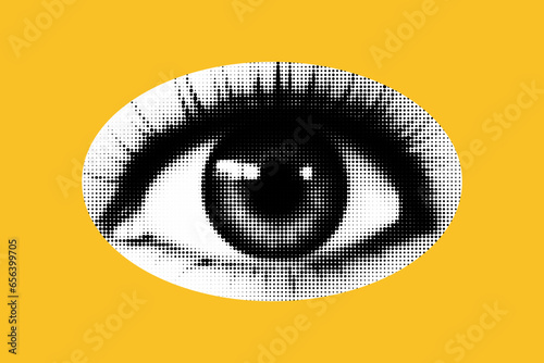 An eye cut out as if from a magazine. Isolated as png.. Vector halftone elements for collage on yellow background