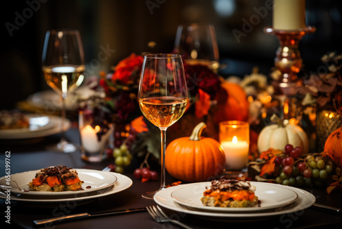 Elegant fall-themed table setting with pumpkins leaves and warm ambiance 