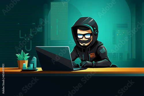 flat character sitting in front of a desk with a laptop on it. writing code | Generative Ai