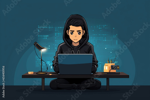 flat character sitting in front of a desk with a laptop on it. writing code | Generative Ai