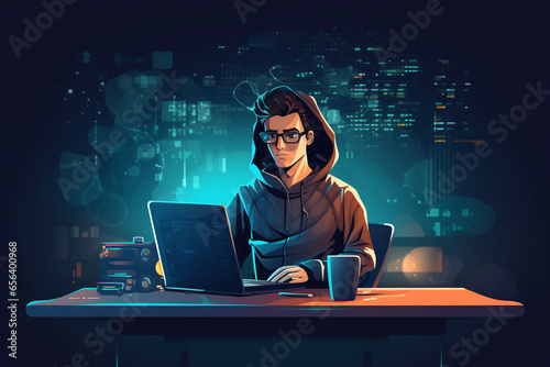 flat character sitting in front of a desk with a laptop on it. writing code | Generative Ai