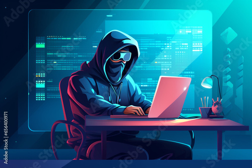 flat character sitting in front of a desk with a laptop on it. writing code | Generative Ai